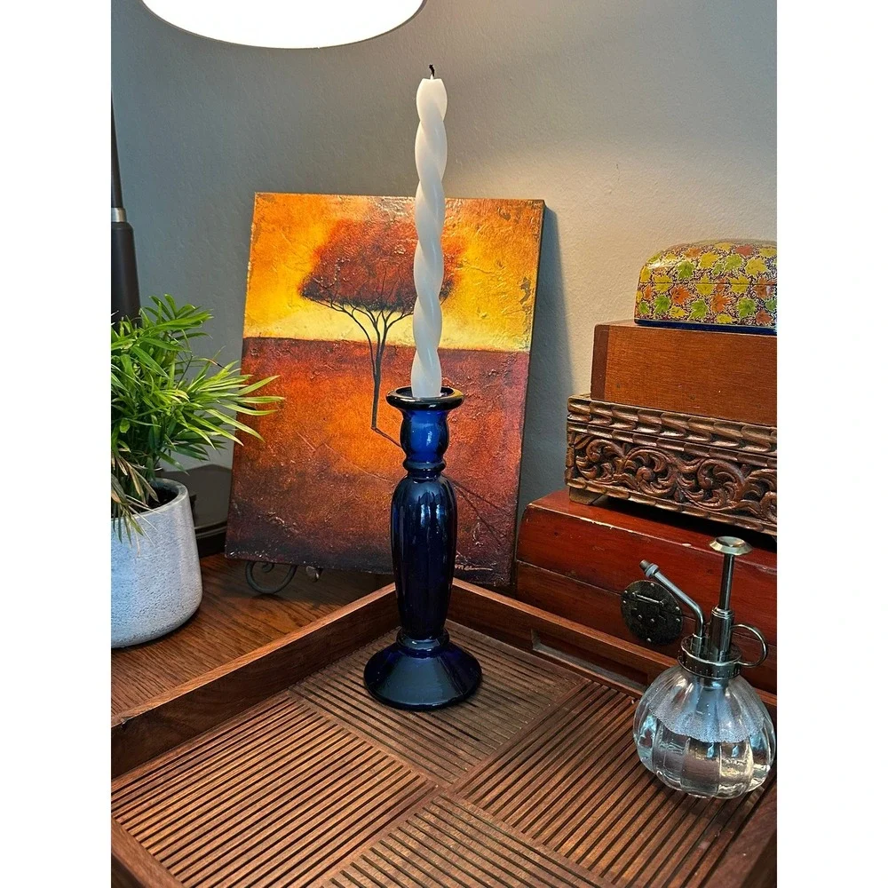 Vintage Cobalt Blue Glass Candlestick Holder 9 Inch Ribbed Taper Candle Stand